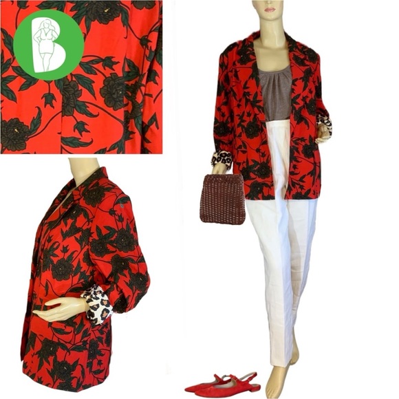 MONROE & MAIN RED W/BROWN FLORAL PRINT OPEN FRONT BLAZER (XL) - Picture 1 of 11
